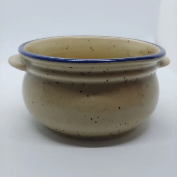 Stoneware Bowl with Handles, Blue Rim &  Flowers - Picture 2 of 4